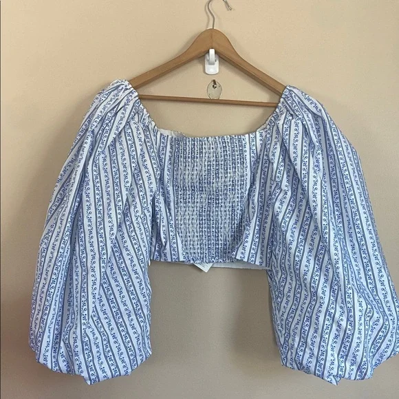 CAROLINE CONSTAS Carter Off The Shoulder Printed Cotton Blend Poplin Top Medium - Picture 8 of 11